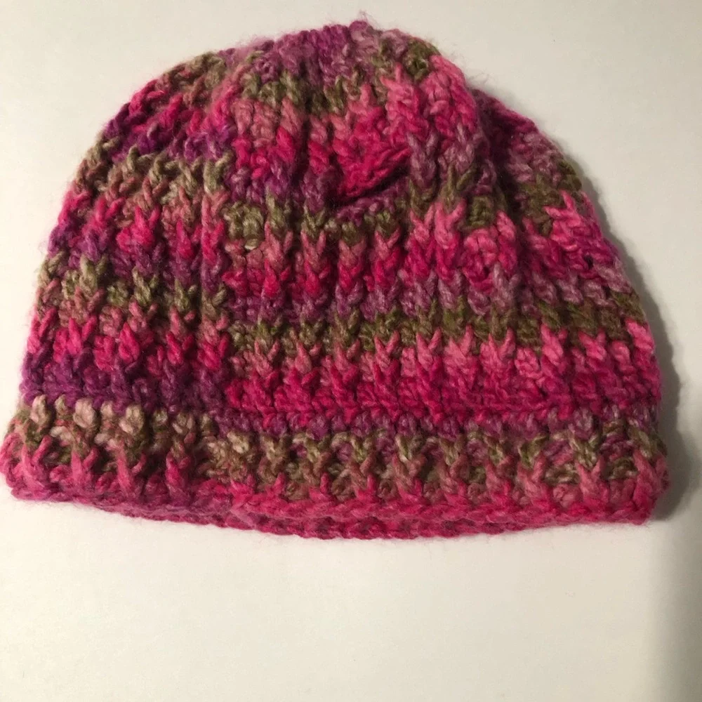 Handmade crochet knit winter‎ hat with pony hole pink and brown tones fits women